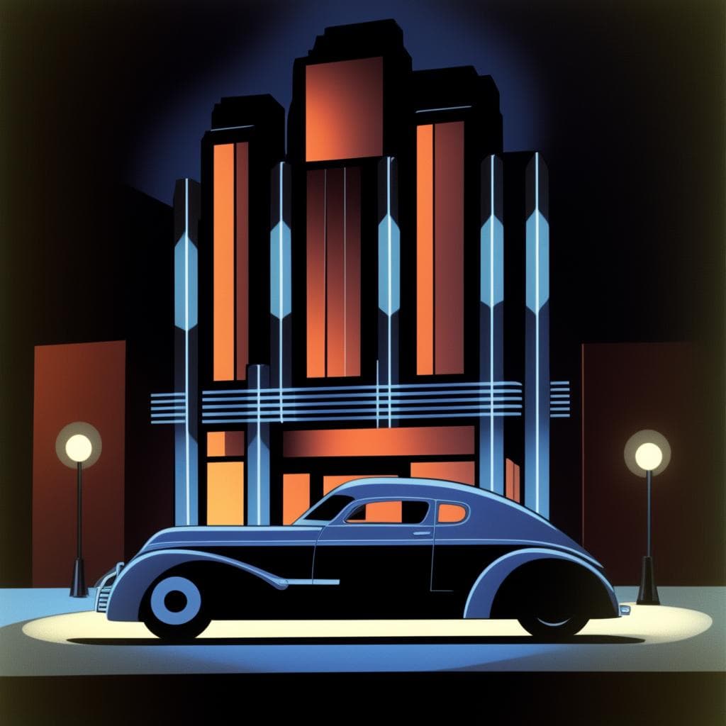 generated image of 'a car in front of a building' in dark deco style